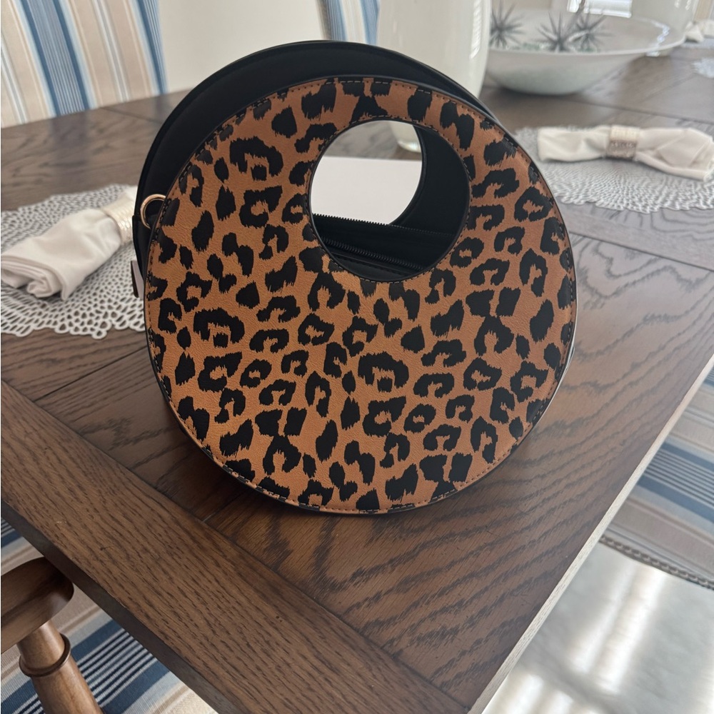 JustFab Round Leopard Print Wristlet in Tan and Black